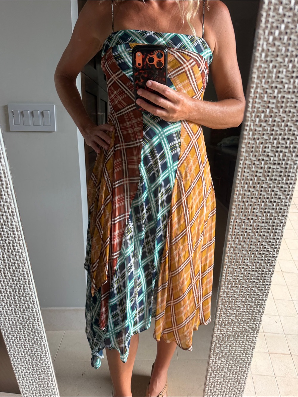 Maeve Multicolor Plaid Asymmetrical Slip Dress with Teal & Mustard Panels - Picture 3 of 11
